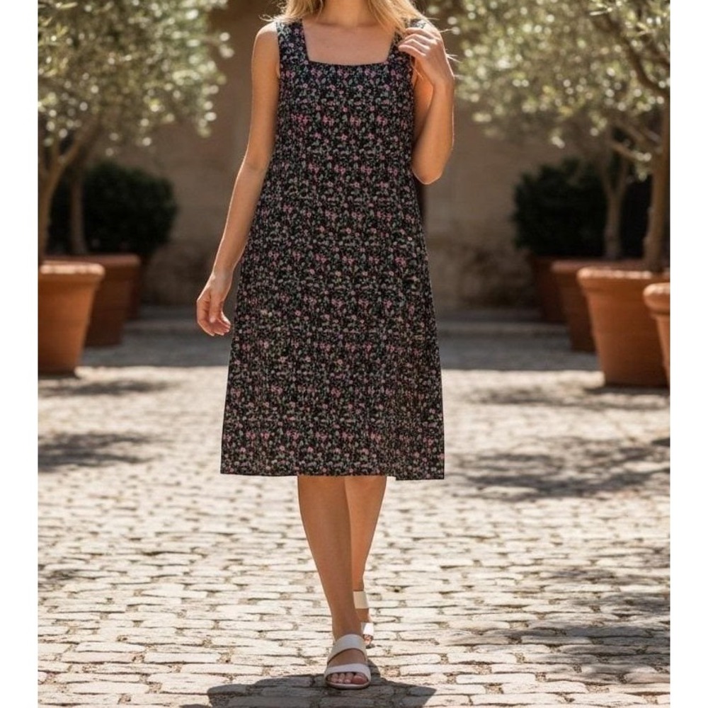 HW New York Sheath Dress Women 12 Black Pink Floral Sleeveless Knee Cottagecore